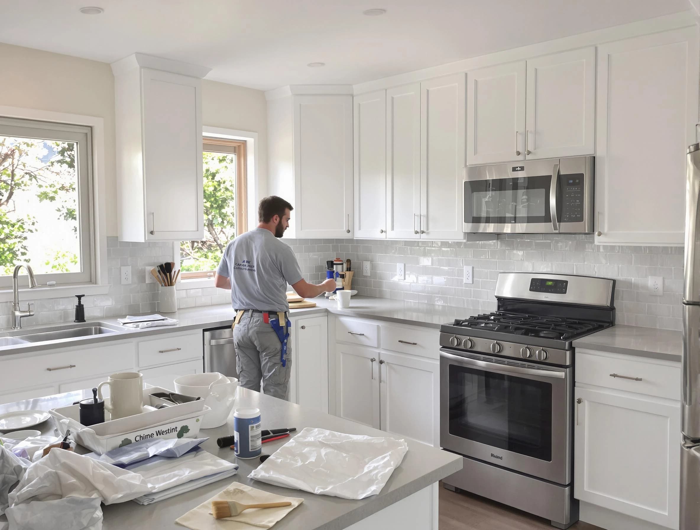 Lorain House Painters applying fresh paint on kitchen cabinets in Lorain