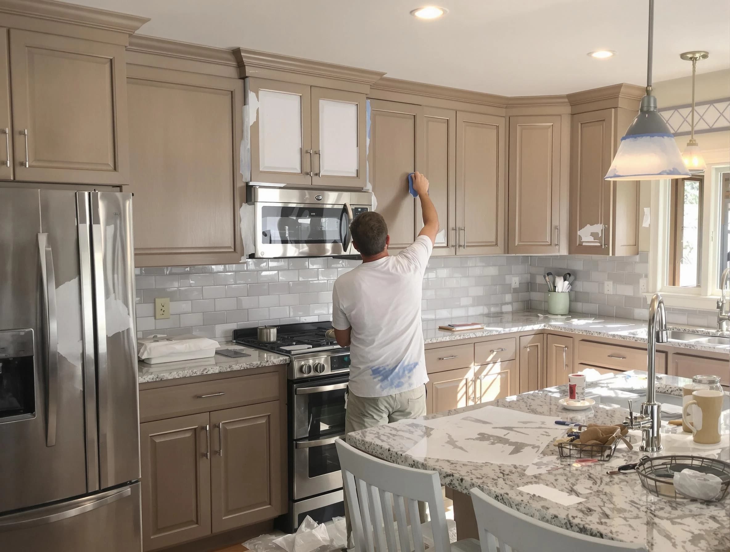 Before-and-after view of kitchen painting by Lorain House Painters in Lorain