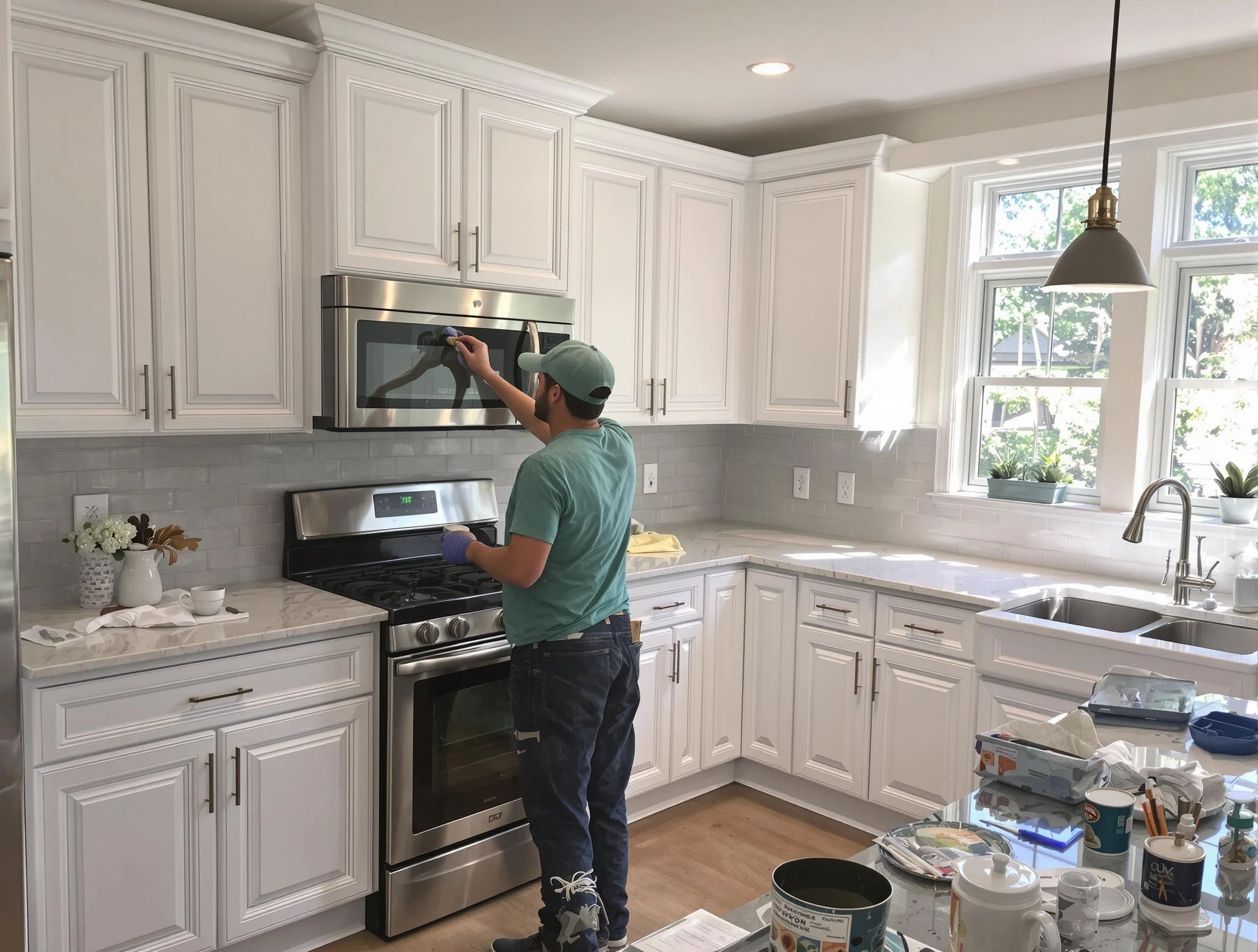 Kitchen cabinets being refinished by Lorain House Painters in Lorain, OH